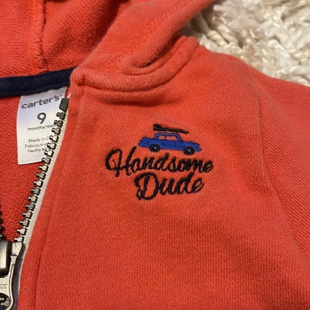 Carters Red Zip Up Hoodie “Handsome Dude” 9 months